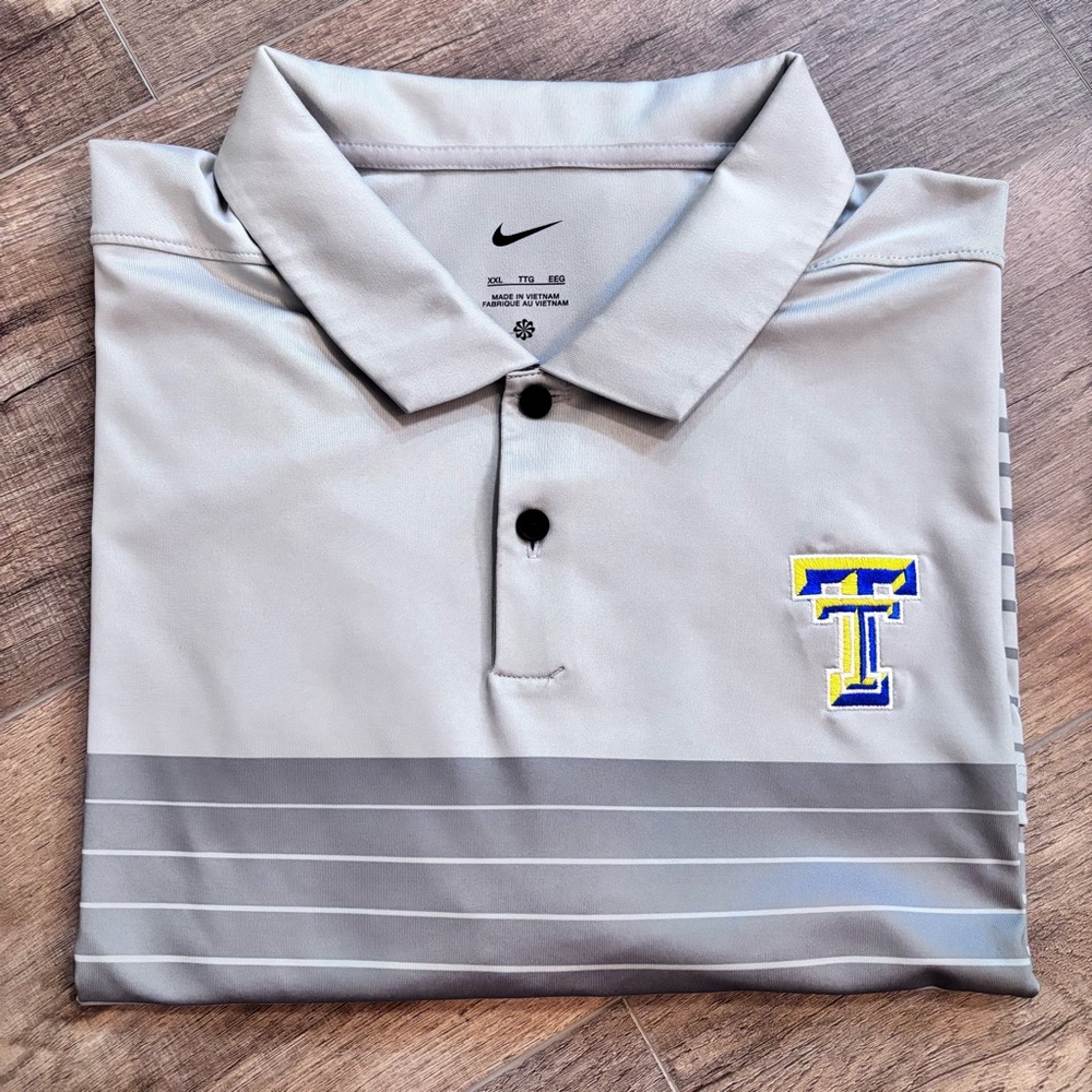 Nike Gray Polo Shirt XXL Embroidered Emblem Men Golf Outdoor Stripes Dress Shirt